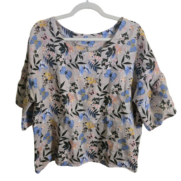 Viola Borghi Made In Italy 100% Linen Butterfly Floral Bell Sleeve Top Size L - Picture 2 of 8